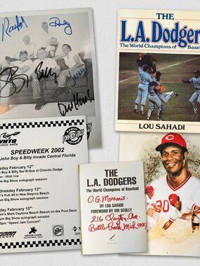 Signed Dodgers Book + John Boy Billy Photo + Reds Posters Mixed Lot